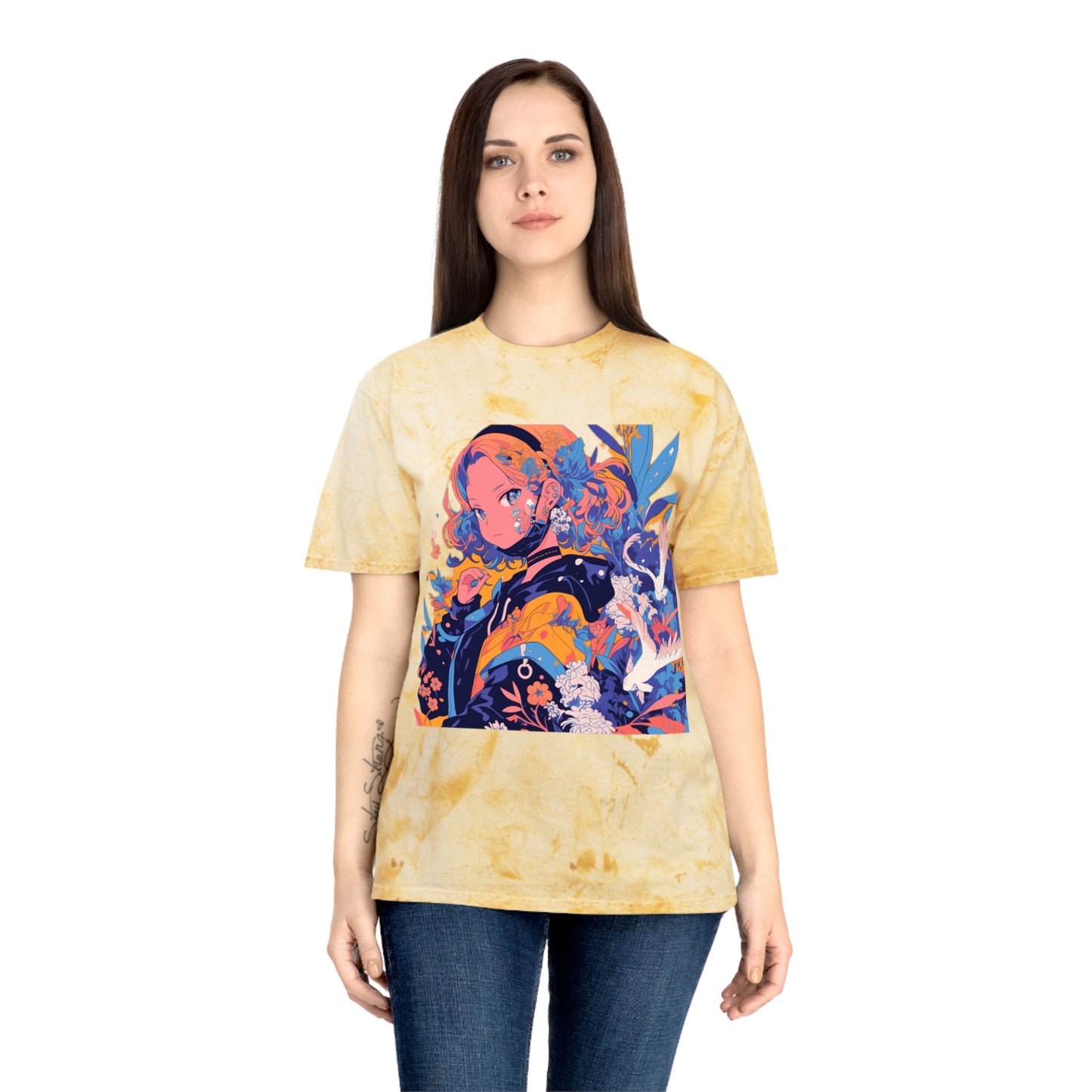 T-Shirt Anime Girl Surrealist Flowers Birds Unisex Color Blast