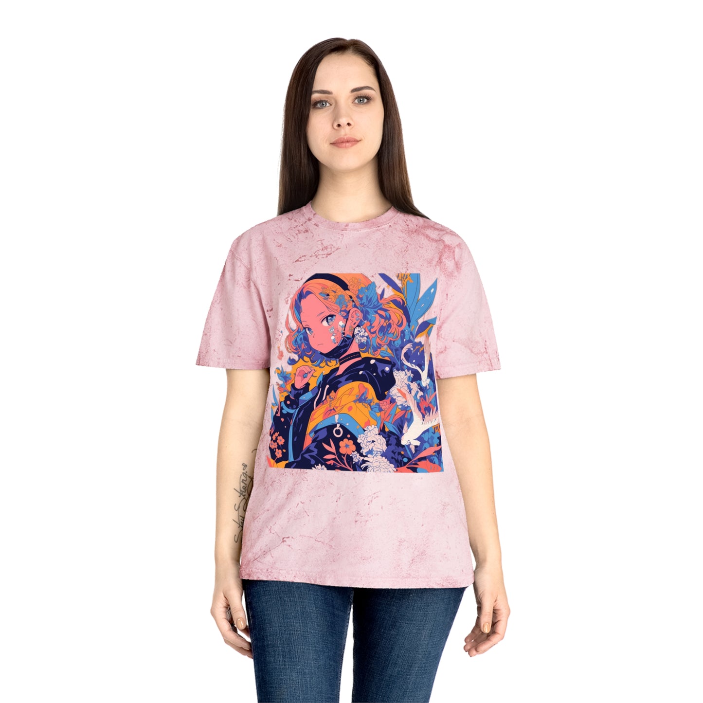 T-Shirt Anime Girl Surrealist Flowers Birds Unisex Color Blast