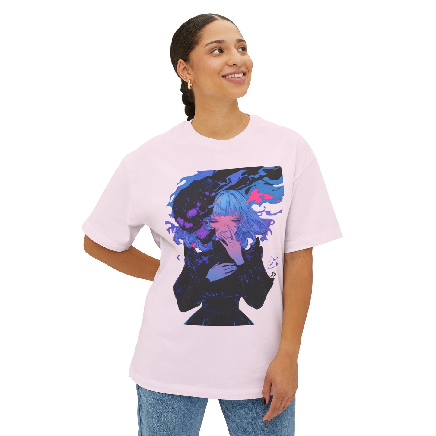 Oversized Tee Haunted Anime Girl Print