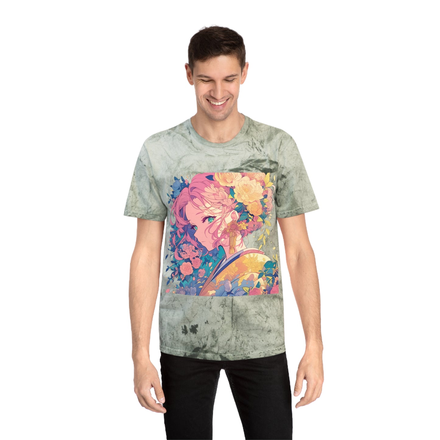 T-Shirt - Pink Hair Anime Beauty with Flowers - Unisex Color Blast Tee