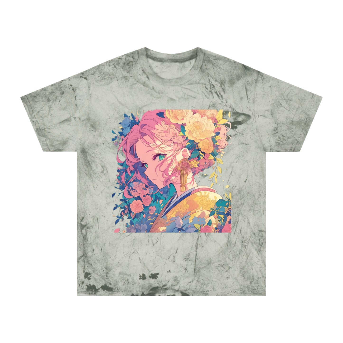 T-Shirt - Pink Hair Anime Beauty with Flowers - Unisex Color Blast Tee