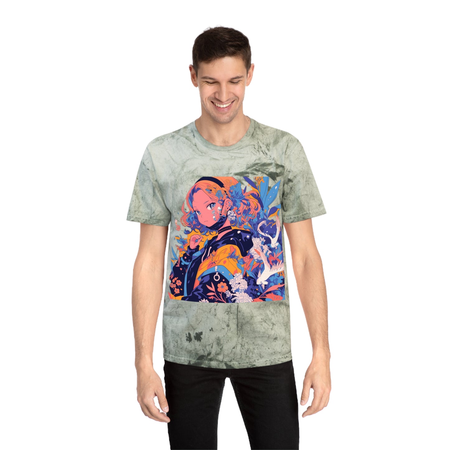 T-Shirt Anime Girl Surrealist Flowers Birds Unisex Color Blast