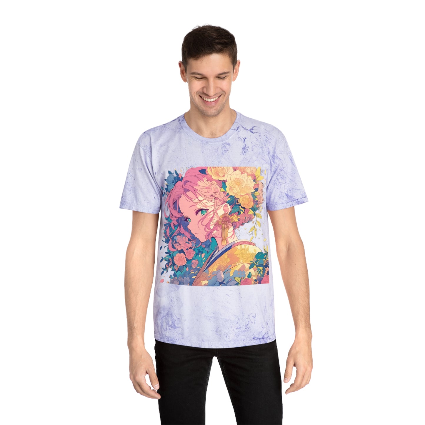 T-Shirt - Pink Hair Anime Beauty with Flowers - Unisex Color Blast Tee